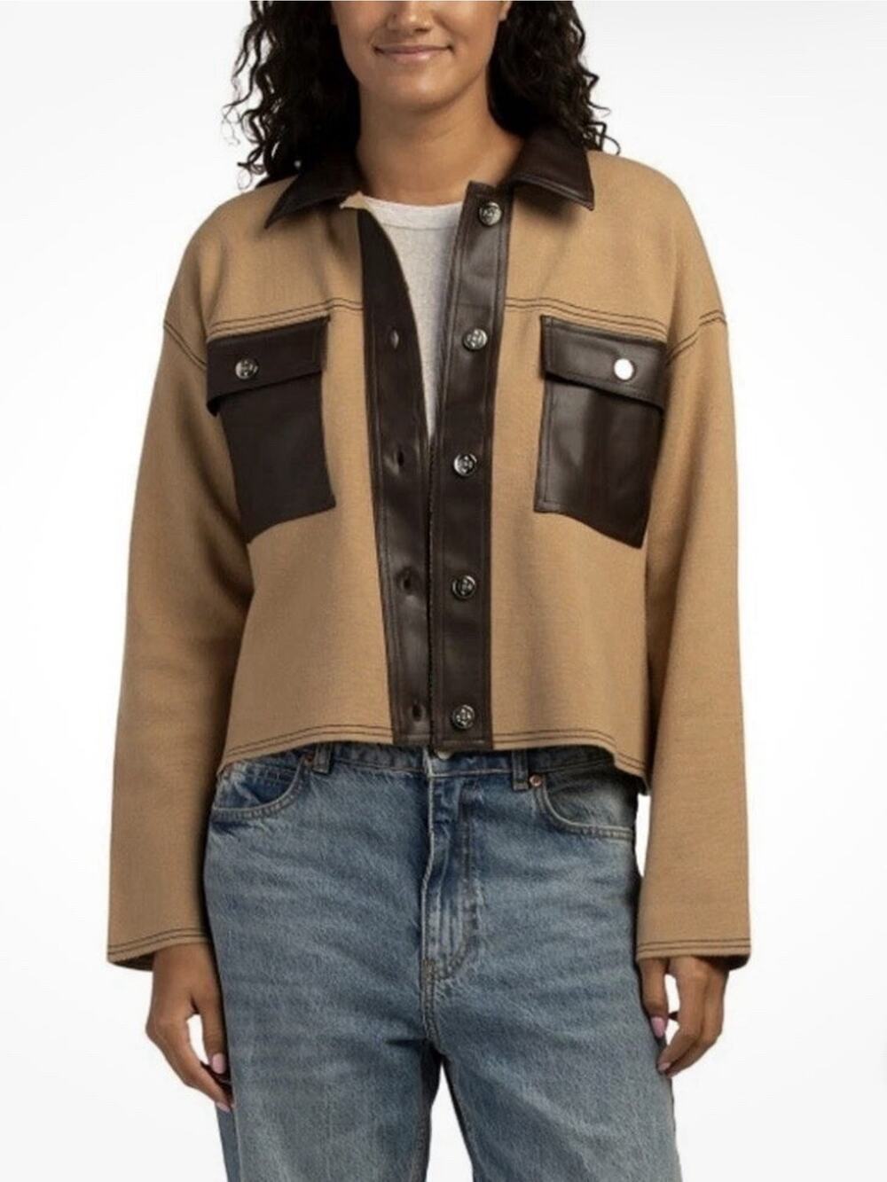 NWT Nanette Lepore Indie Faux Leather Combo Sweater Jacket Tan Brown Women M